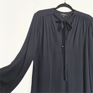 Theory Silk Bow Tie Neck Navy Blue Top, M